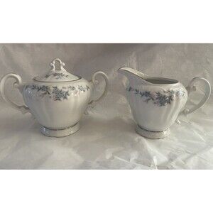 Vintage Norleans First Love Sugar Bowl Creamer Set Japan Blue Floral Platinum